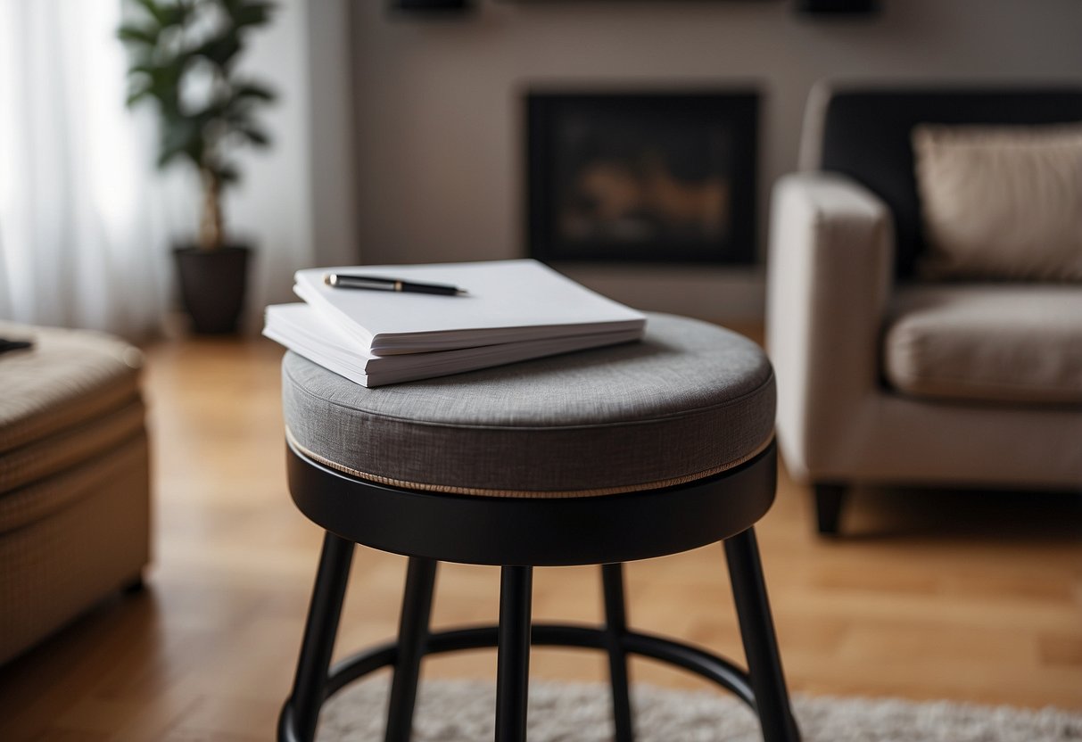 A storage stool sits in a cozy living room, with a stack of FAQ papers and a pen on top. The stool's lid is open, revealing ample storage space inside