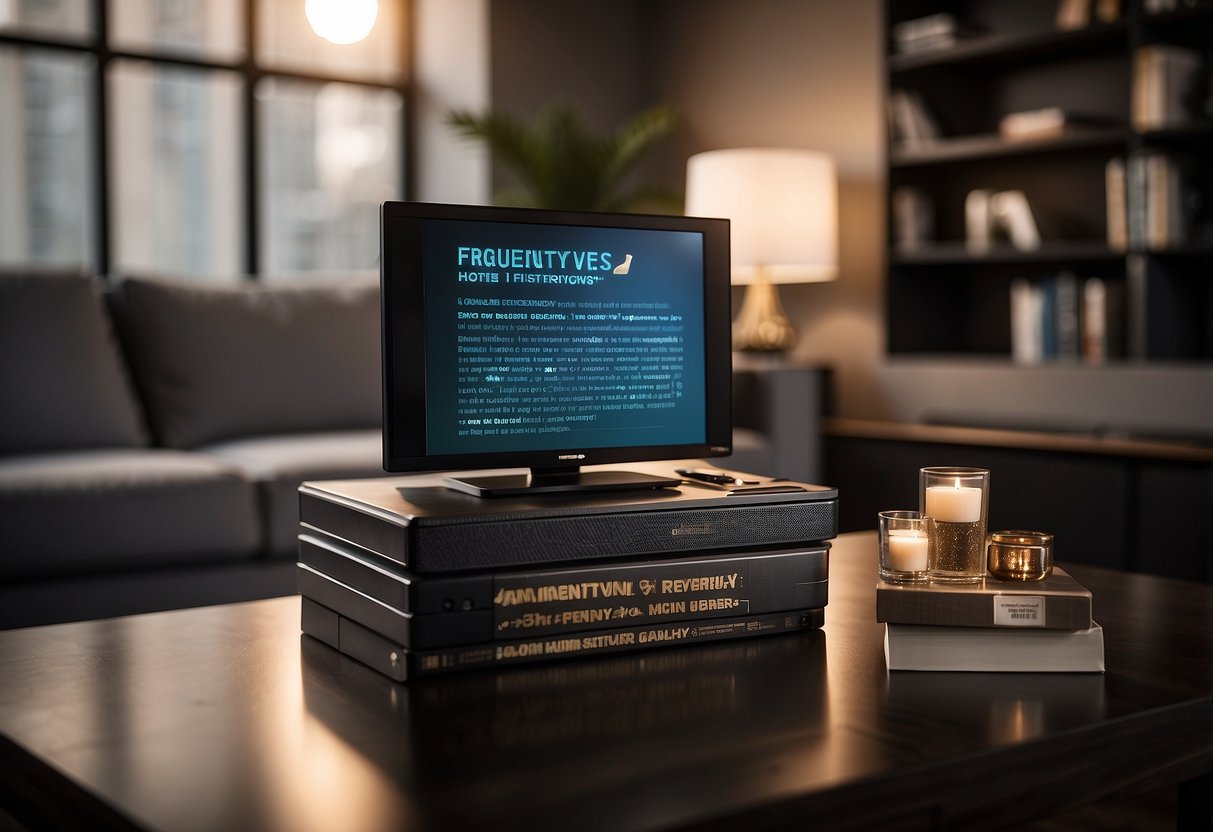 A stack of glowing five-star reviews hovers above a sleek modern furniture set, with a banner reading "Frequently Asked Questions" in bold letters