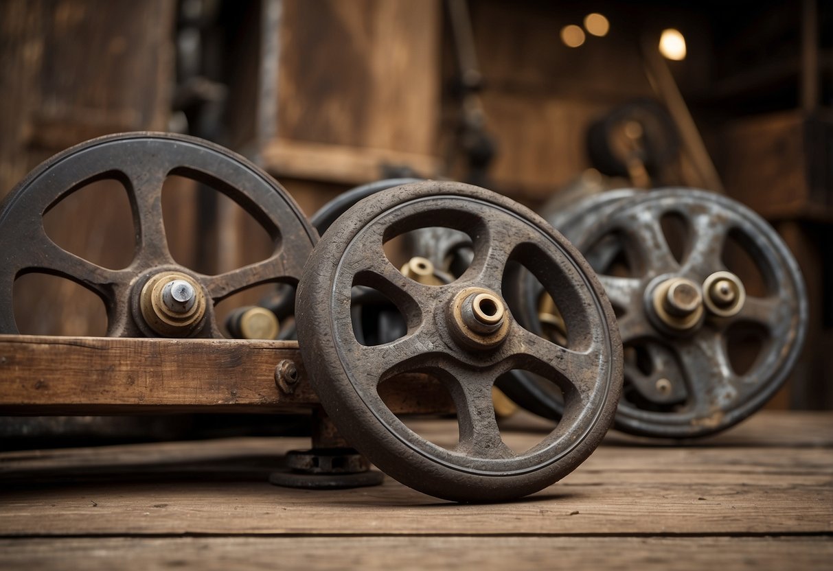 Old casters for furniture, rusted and worn, scattered on a wooden workshop table. Some are missing wheels, others are covered in cobwebs