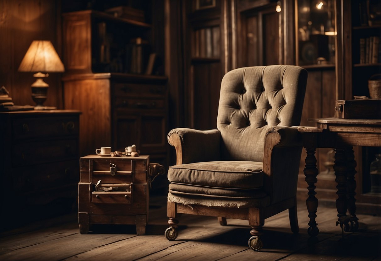A weathered wooden chair with worn metal casters sits in a dimly lit room, surrounded by antique furniture