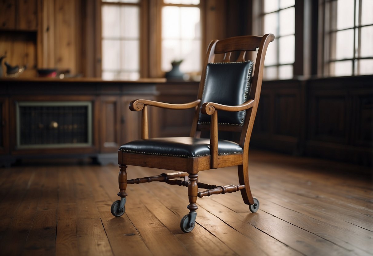 An antique wooden chair with metal casters on each leg, sitting on a hardwood floor