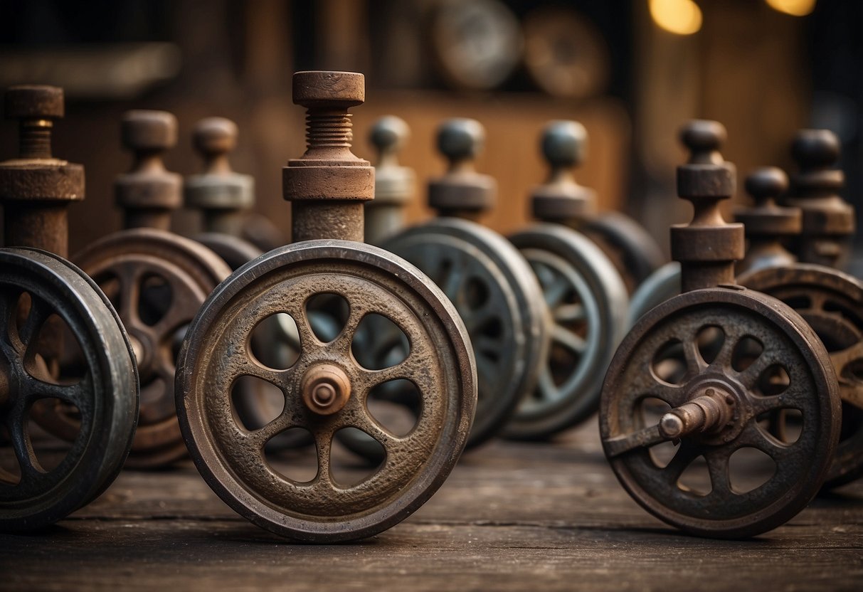 Old casters for furniture arranged in a grid pattern, with various sizes and styles. Some are rusted, while others appear worn but functional