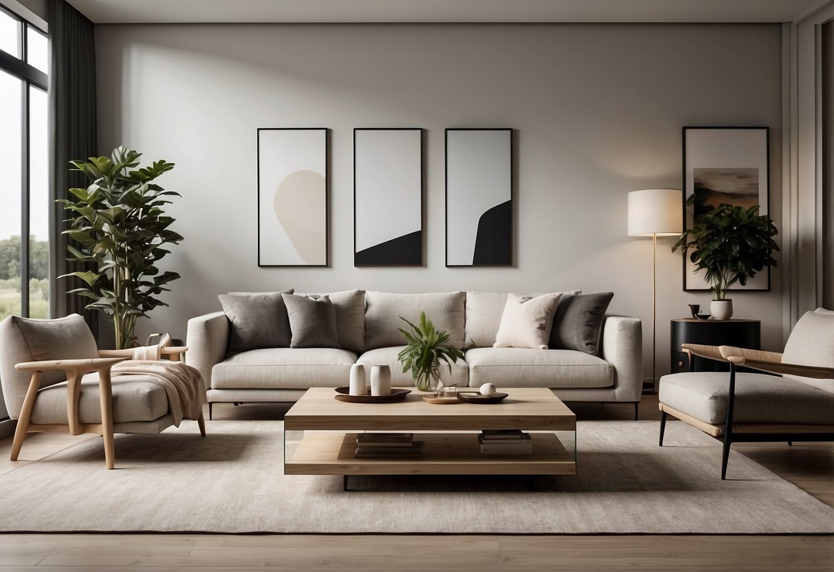 A modern living room with sleek, minimalist oggi furniture, featuring clean lines and neutral colors