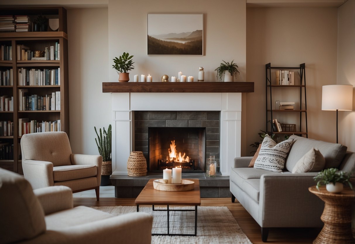 A cozy living room with oakwood furniture, including a coffee table, bookshelves, and a rocking chair by the fireplace