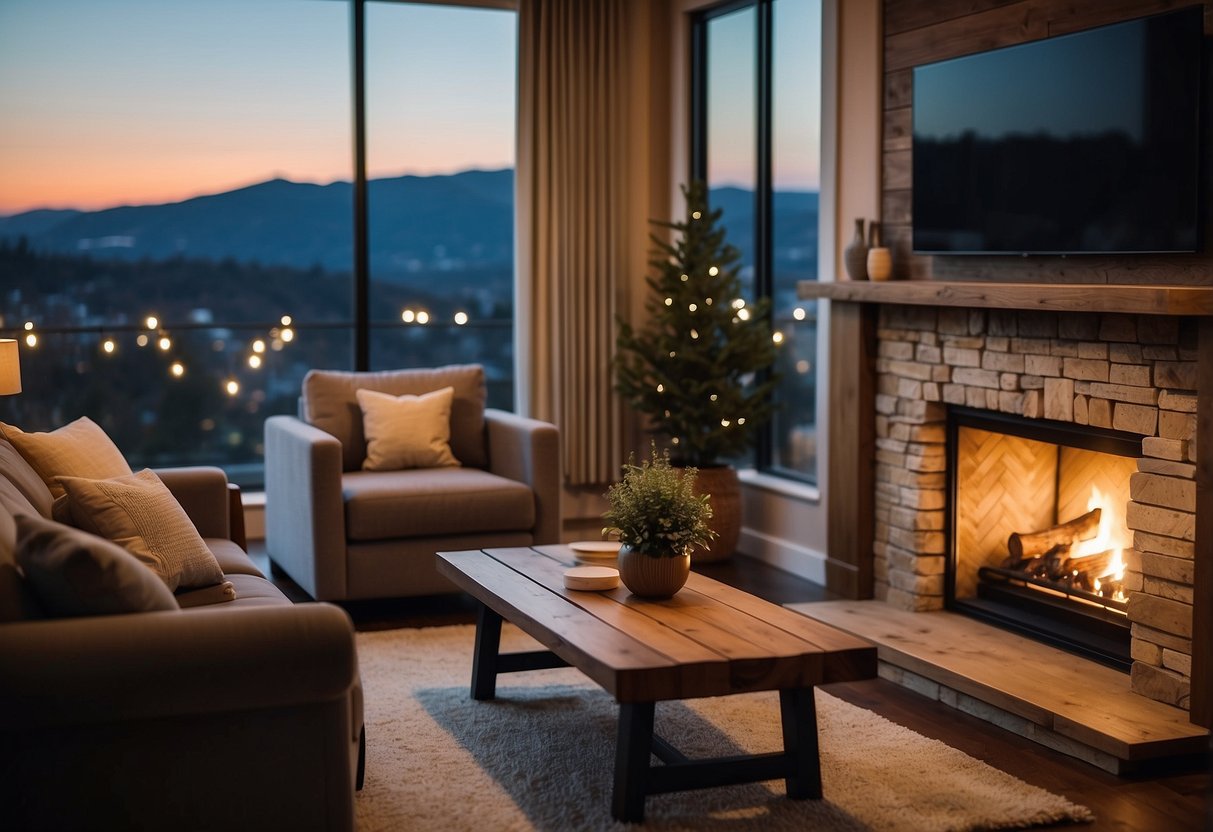 A cozy living room with oakwood furniture, warm lighting, and a crackling fireplace