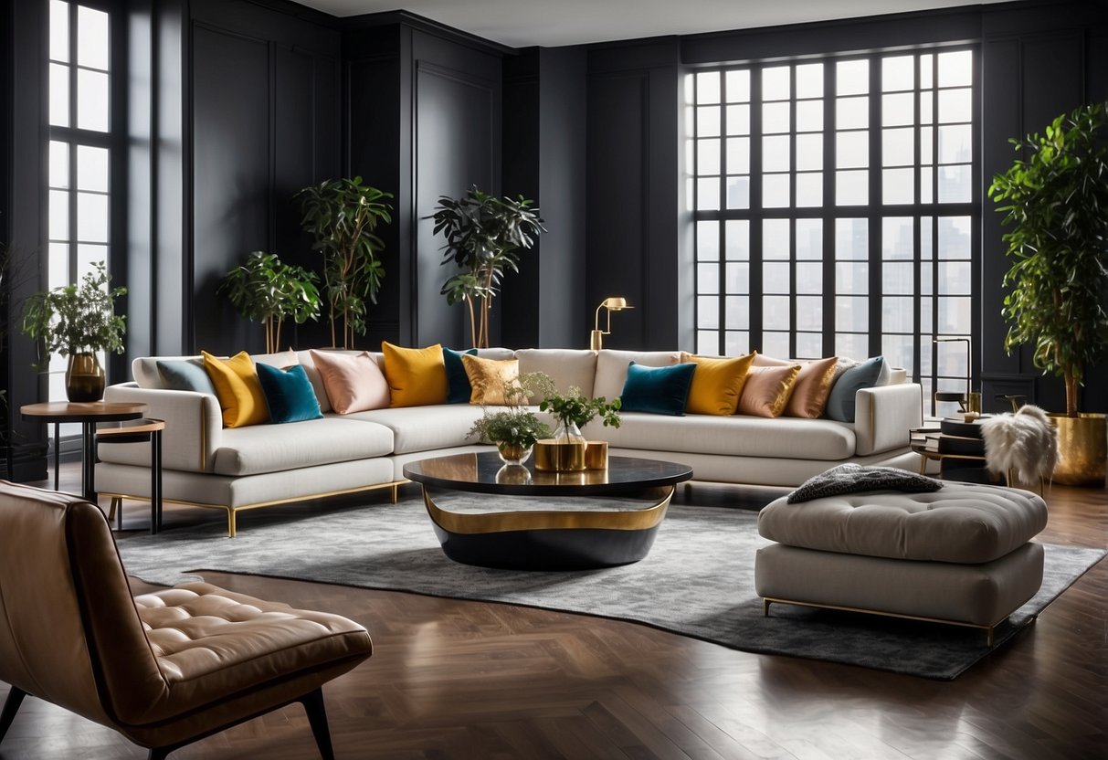 A room filled with modern furniture pieces from Oggi Collections, showcasing sleek lines, bold colors, and minimalist designs