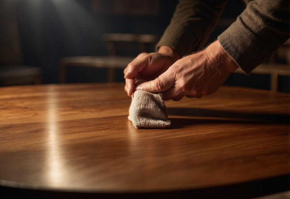 A hand gently applies polish to a smooth oakwood table, enhancing its rich, natural grain. Nearby, a soft cloth buffs a chair to a warm, inviting glow