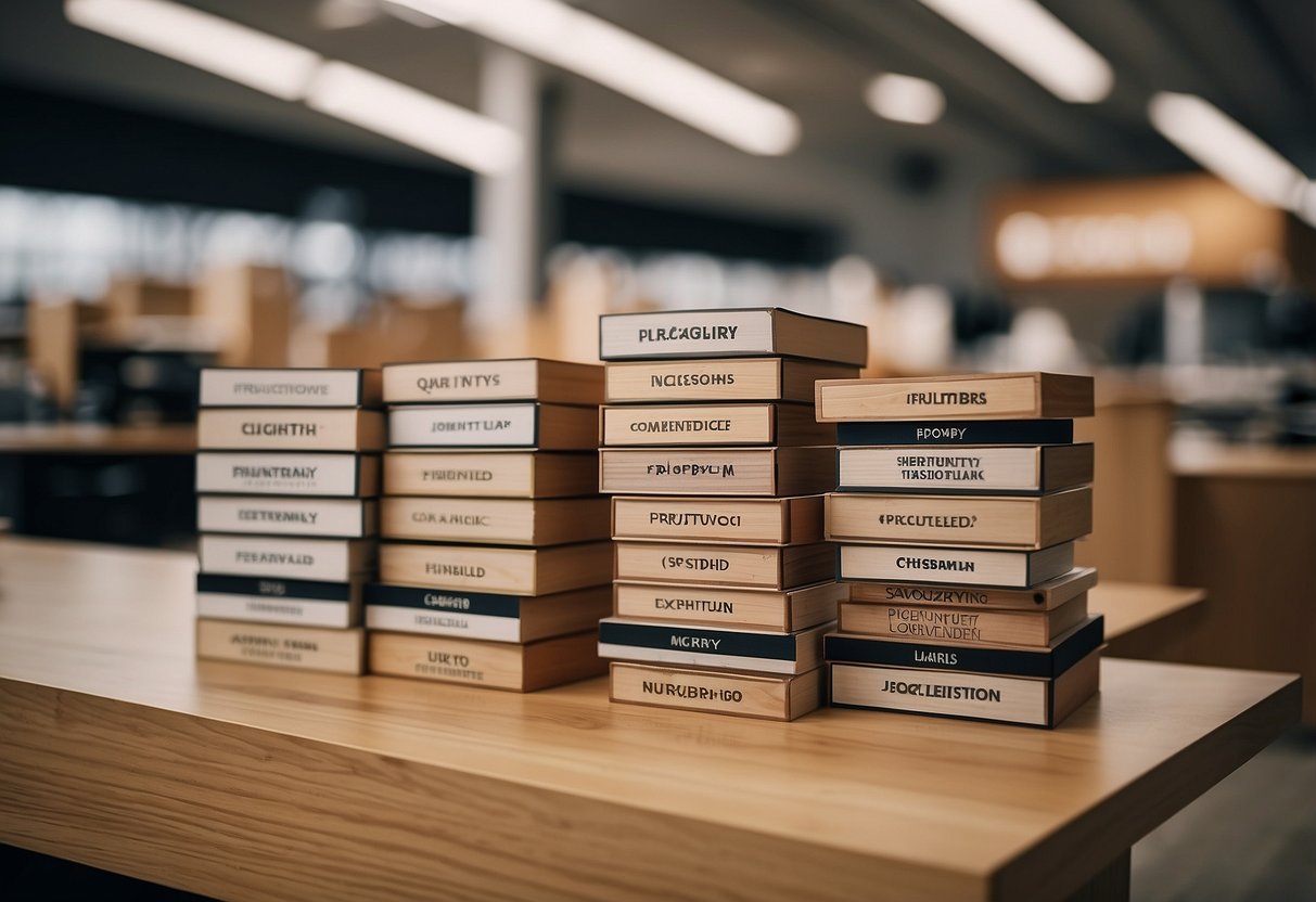 A stack of oakwood furniture with a sign reading "Frequently Asked Questions" on a showroom floor