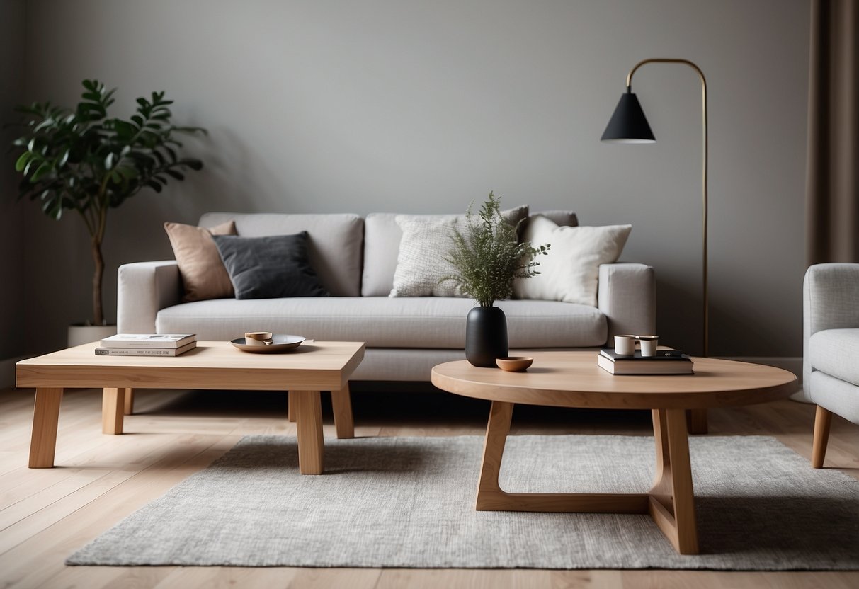 A minimalist living room with clean lines, light wood, and neutral colors. A cozy chair and sleek coffee table complete the Scandinavian concept furniture