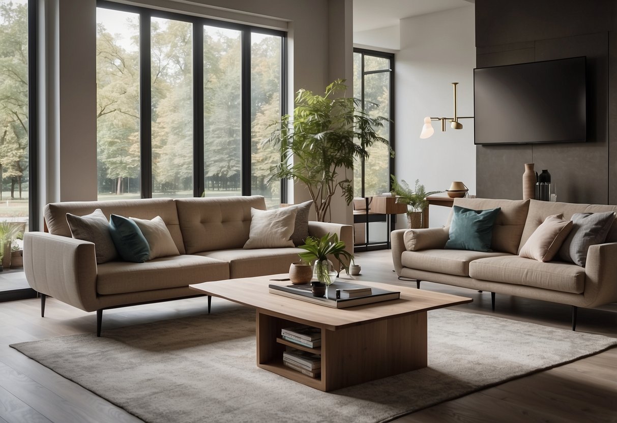 A modern living room with oggi furniture pieces arranged neatly, with a FAQ pamphlet placed on the coffee table