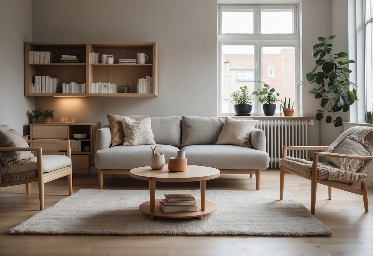 A cozy living room with clean lines, light wood furniture, and neutral colors. A minimalist bookshelf displays Scandinavian decor and a soft rug ties the space together