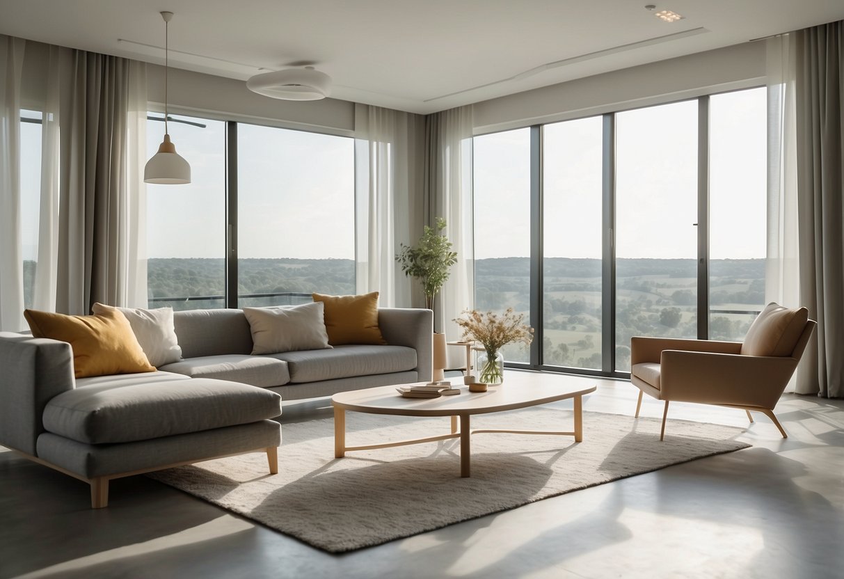 A bright, minimalist room with sleek, modern furniture. Clean lines and neutral colors create a sense of calm and simplicity