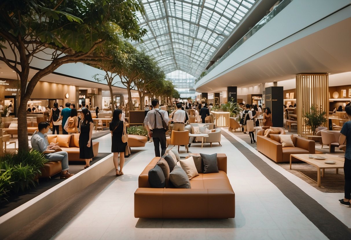 The Suntec furniture fair bustles with shoppers exploring modern and classic pieces displayed in well-lit booths