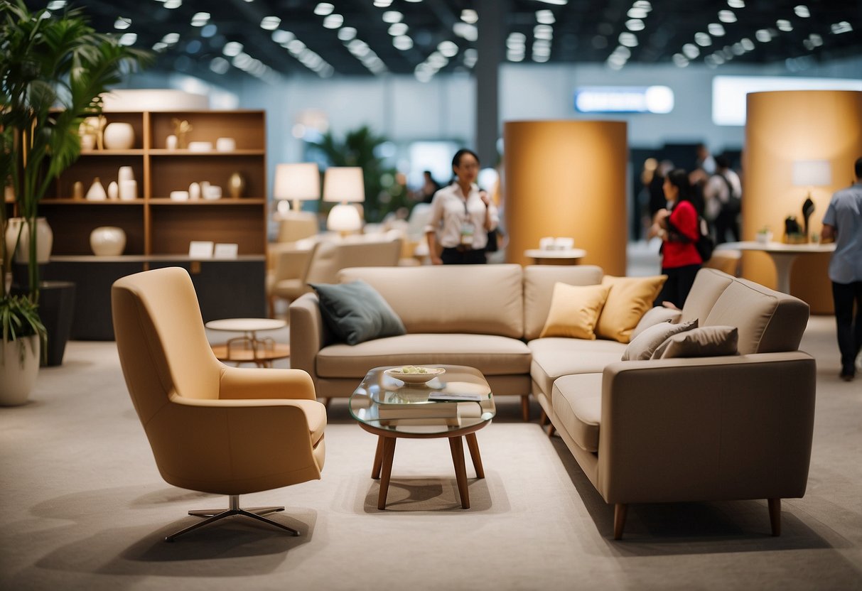 Visitors browse modern furniture displays at Suntec Fair