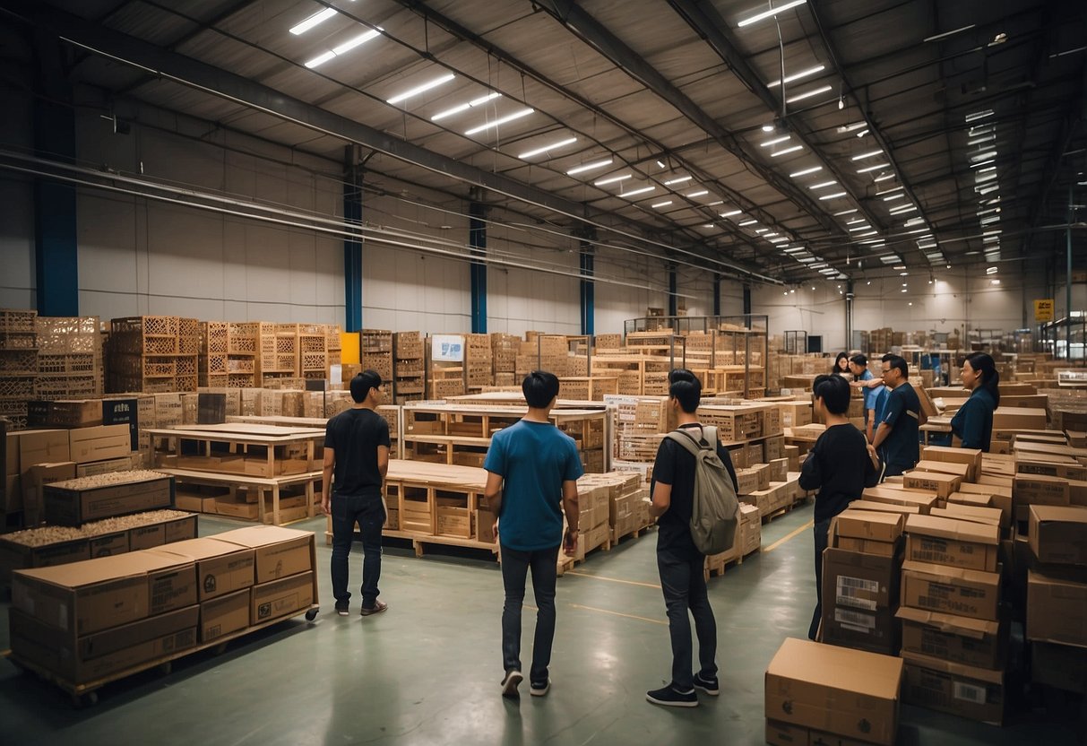 Customers perusing aisles of Tai Seng warehouse, examining diverse furniture offerings. Brightly lit space, with rows of shelves and displays showcasing various styles and designs
