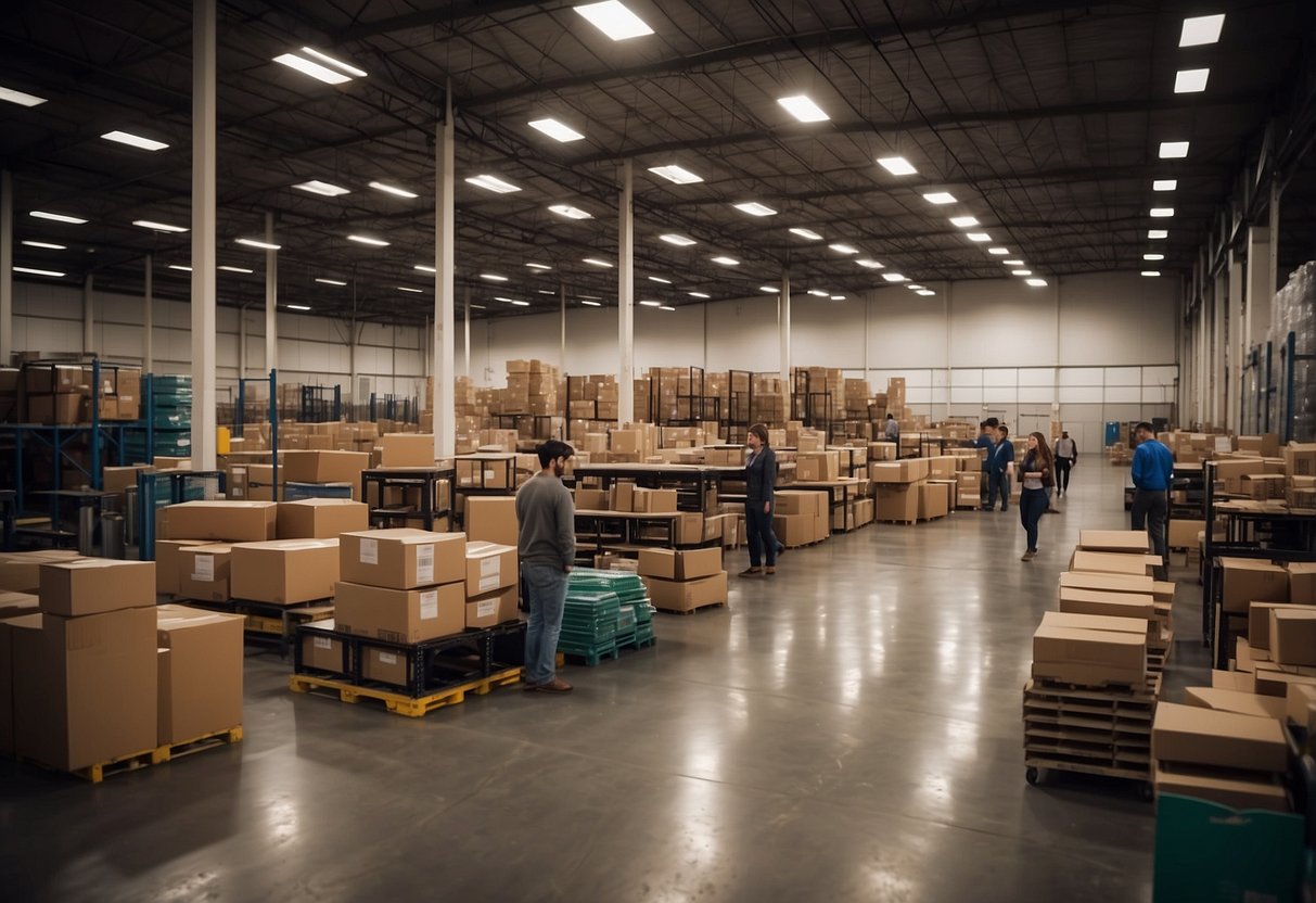 The bustling warehouse is filled with rows of neatly stacked furniture. Customers approach staff with questions, while others browse the extensive selection