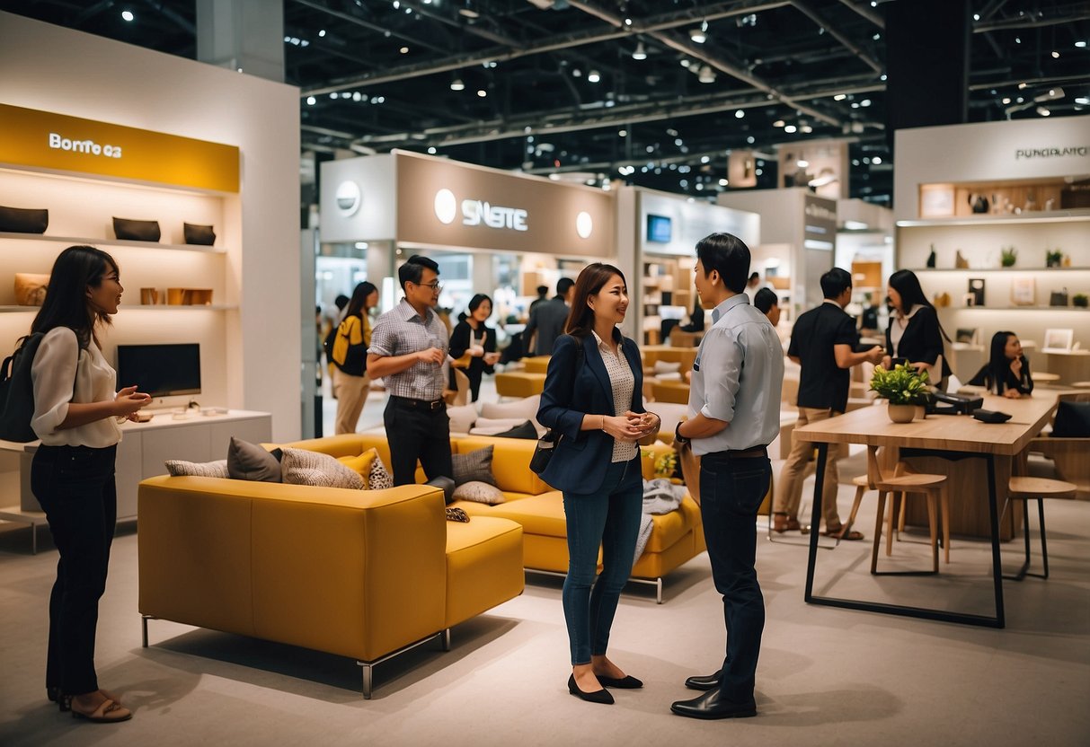 Visitors browsing through rows of furniture displays at the Suntec furniture fair, with sales representatives engaging in conversations with potential customers