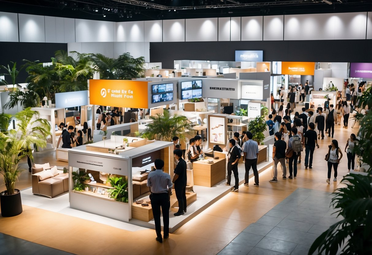 Crowded exhibition hall with various furniture displays. Attendees browsing and interacting with vendors. Signage and banners promoting "Frequently Asked Questions suntec furniture fair."