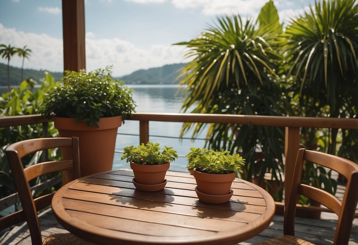 A wooden table and chairs sit on a boat deck, surrounded by potted plants and a view of the water