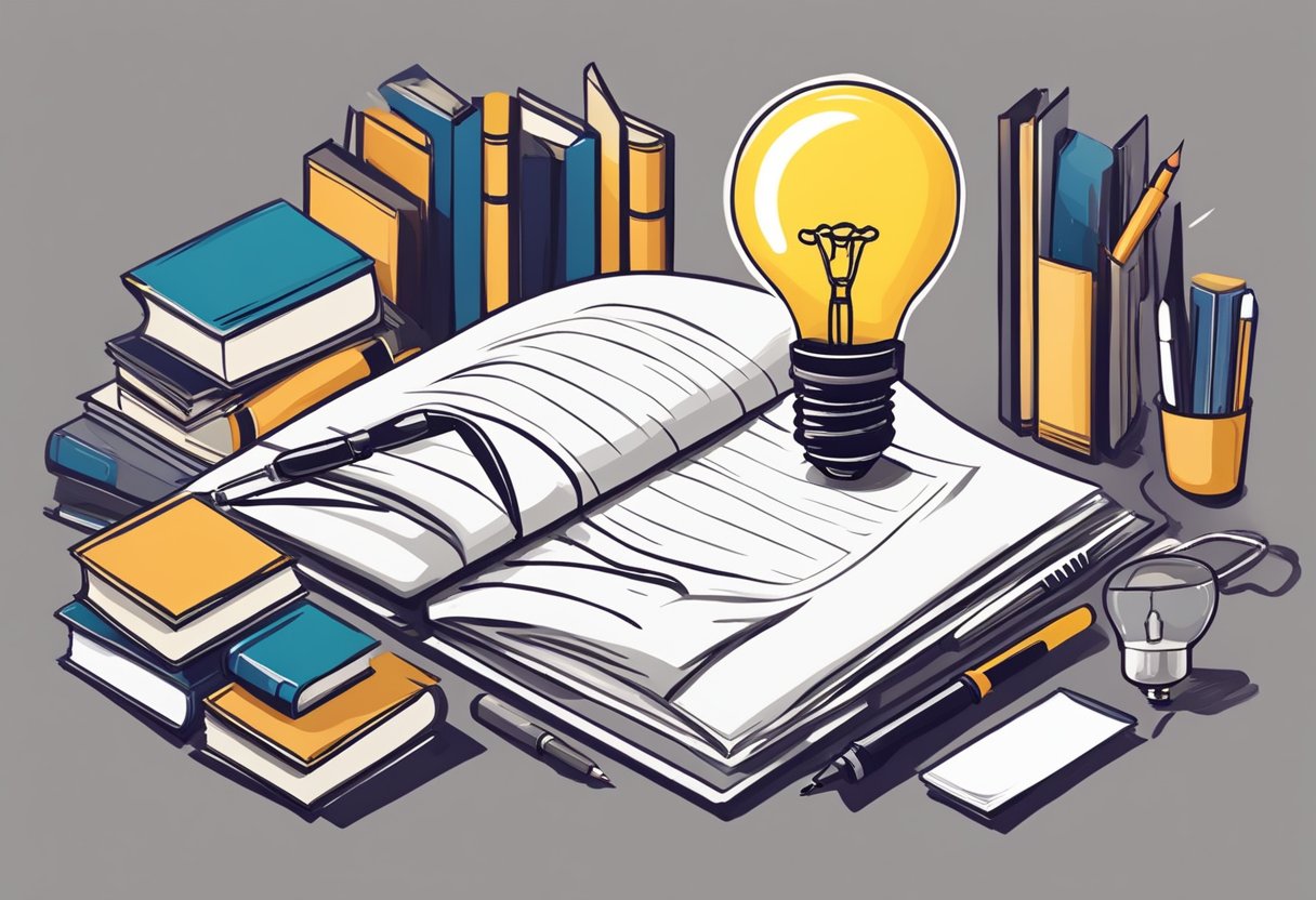 A pen writes on a blank sheet, surrounded by books and research materials. A lightbulb shines above, symbolizing critical thinking