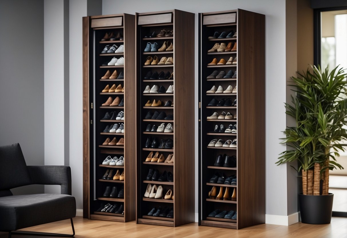 A shoe cabinet stands against a wall, with multiple shelves and compartments for storing shoes. The cabinet is made of wood and has a sleek, modern design