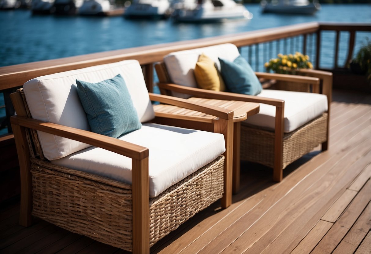 A deck of a boat with outdoor furniture: a table, chairs, and a lounge chair, all made of weather-resistant materials like teak or synthetic wicker, overlooking the water