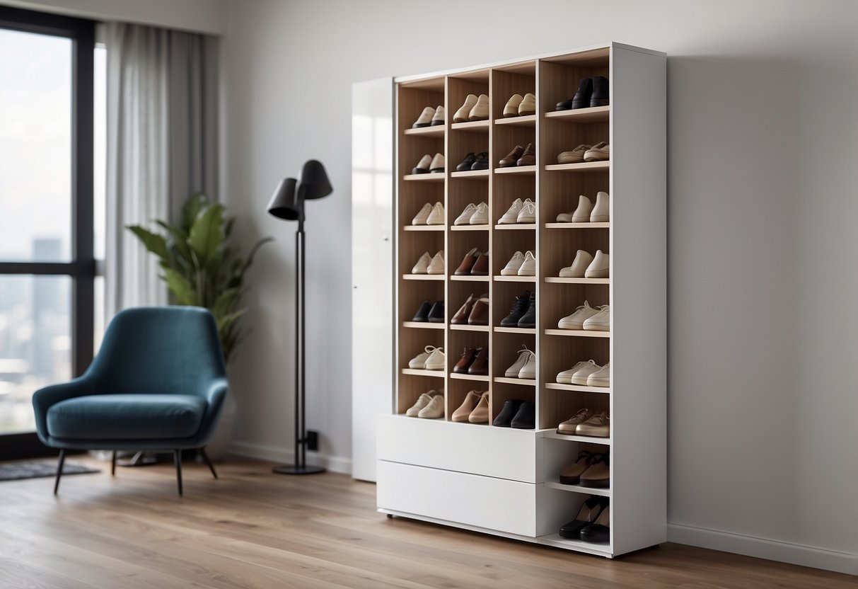 A sleek, modern shoe cabinet stands against a clean, white wall, with multiple compartments and a stylish handle, showcasing organization and functionality