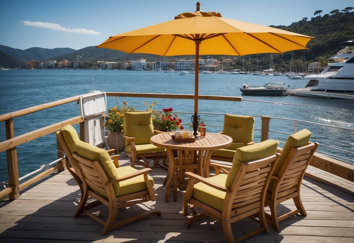 Outdoor boat furniture includes foldable chairs, a sturdy table, and a compact storage unit. The chairs have comfortable cushions and the table features a built-in umbrella holder