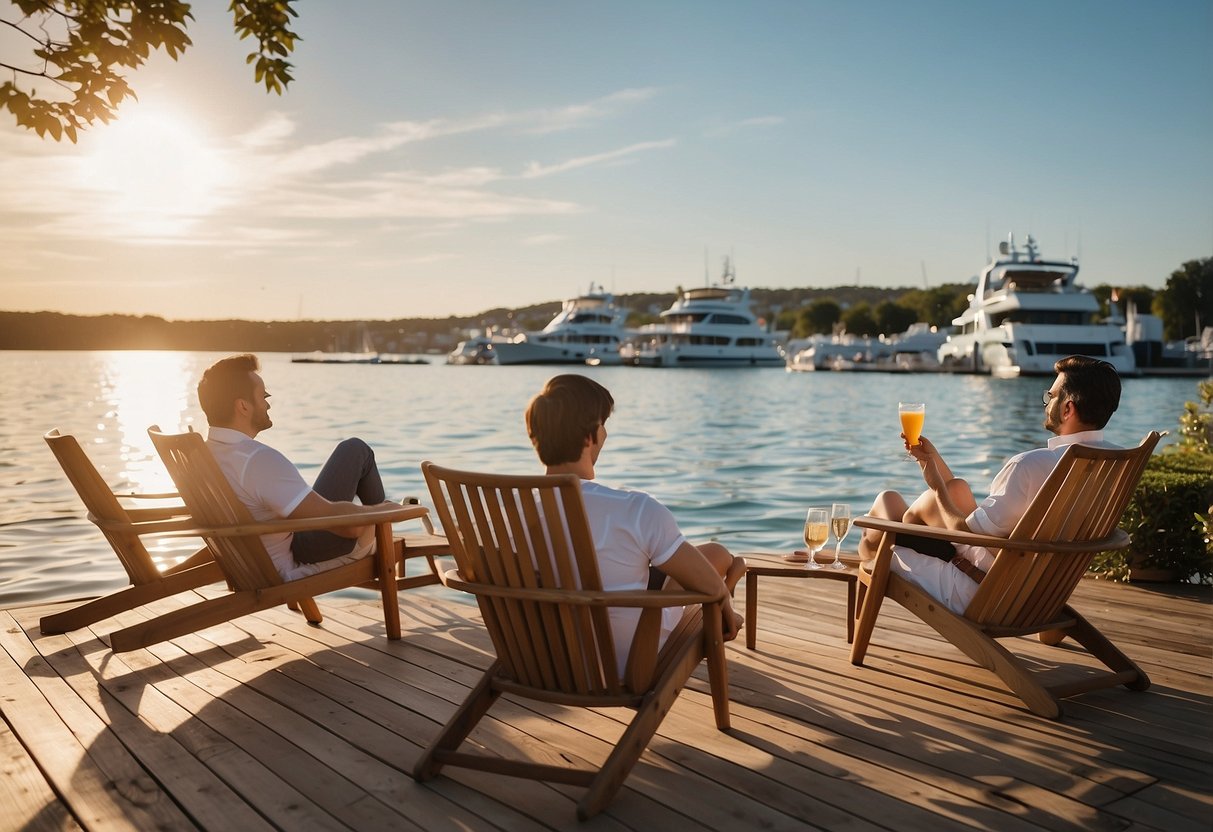 A group of people sit and relax on outdoor boat furniture, surrounded by a serene waterfront setting. The furniture includes chairs, tables, and loungers, all designed for comfort and durability