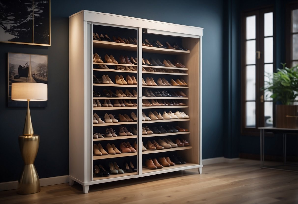 A shoe cabinet stands against a wall, neatly organized with various pairs of shoes inside. The doors are closed, and the cabinet appears well-maintained