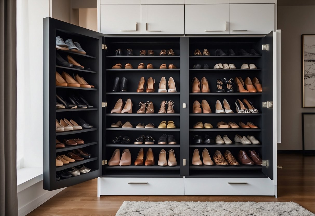 A shoe cabinet with open doors revealing neatly organized shelves of shoes. The cabinet is placed in a tidy and modern entryway, with a decorative rug underneath