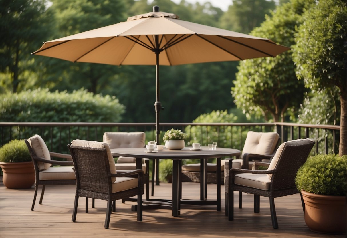 A set of modern outdoor patio furniture arranged on a spacious deck, including tables, chairs, and umbrellas, with a lush garden in the background