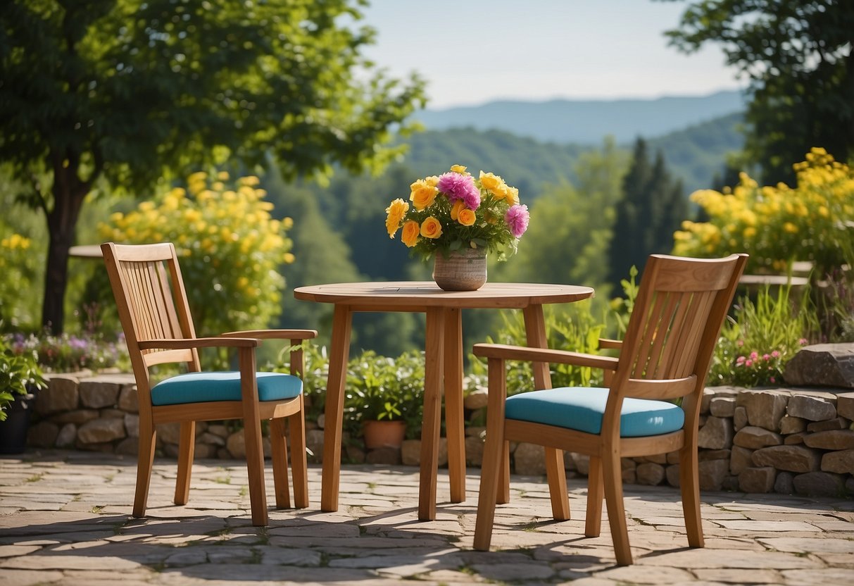 A wooden table and chairs sit on a stone patio surrounded by lush greenery and colorful flowers in a sunny garden