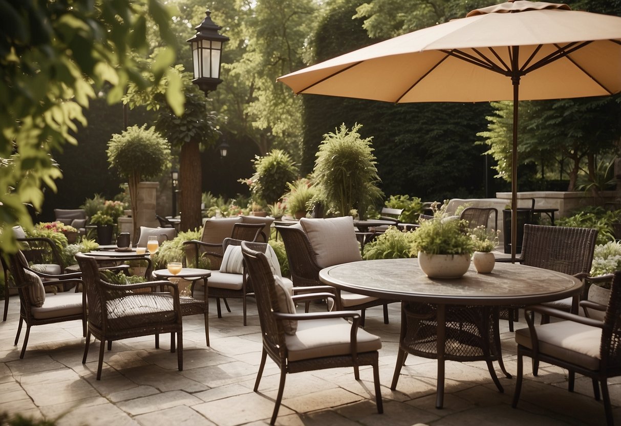 A patio with various outdoor furniture CAD blocks, including tables, chairs, and umbrellas. The setting is surrounded by greenery and has a relaxed, inviting atmosphere