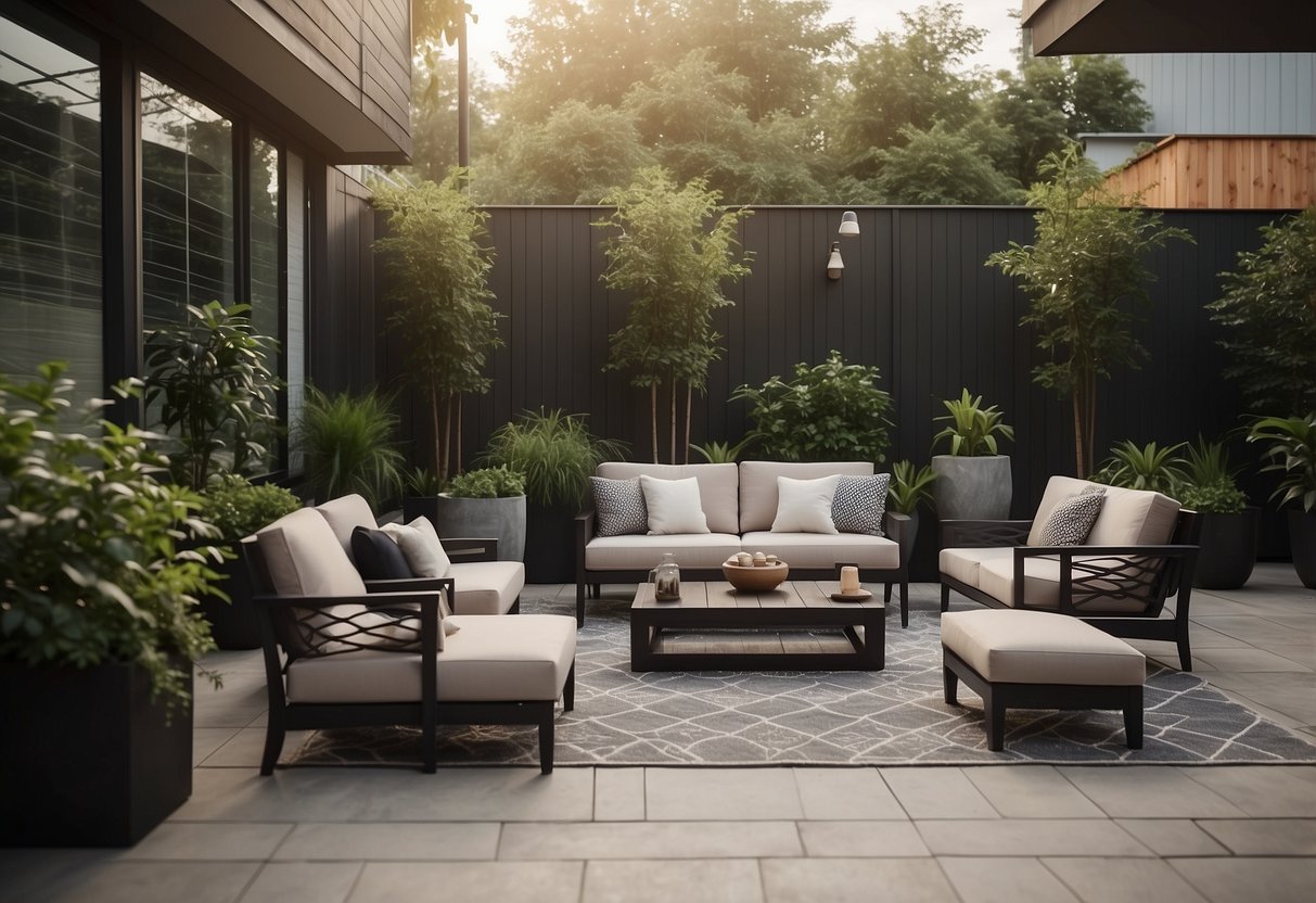A patio with CAD blocks of outdoor furniture arranged in a modern, inviting layout, surrounded by lush greenery and decorative planters