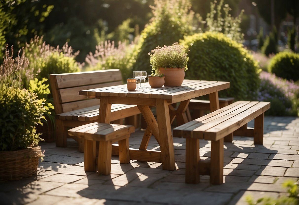 A sunny garden with a variety of solid wood furniture, including tables, chairs, and benches, arranged in a natural and inviting setting