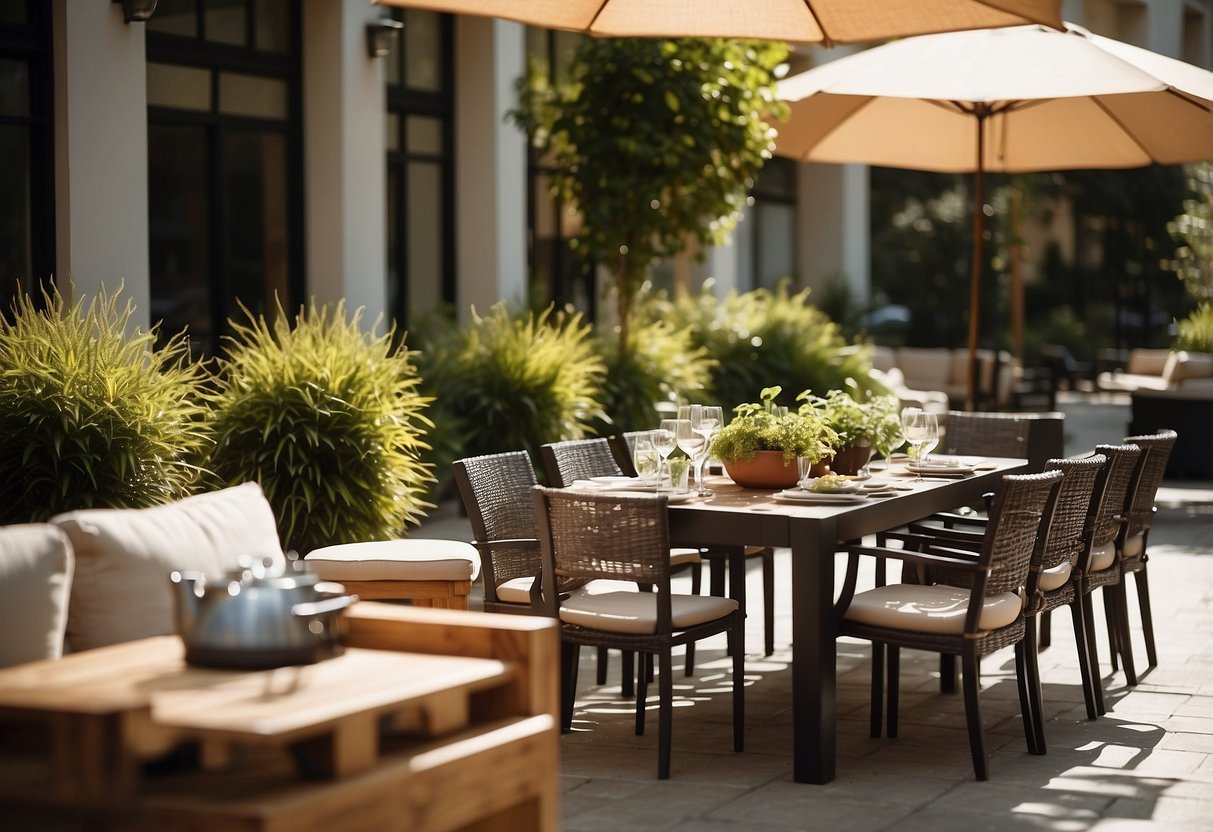An outdoor patio with various furniture pieces arranged, including tables, chairs, umbrellas, and loungers. The setting is sunny and inviting, with plants and decorative elements adding to the ambiance