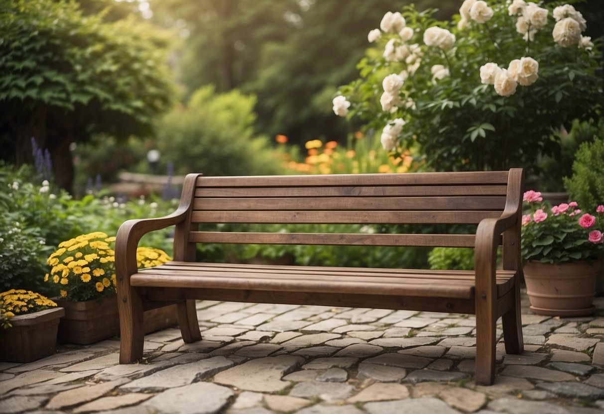 A wooden bench and table sit on a stone patio surrounded by lush greenery and blooming flowers in a well-kept garden