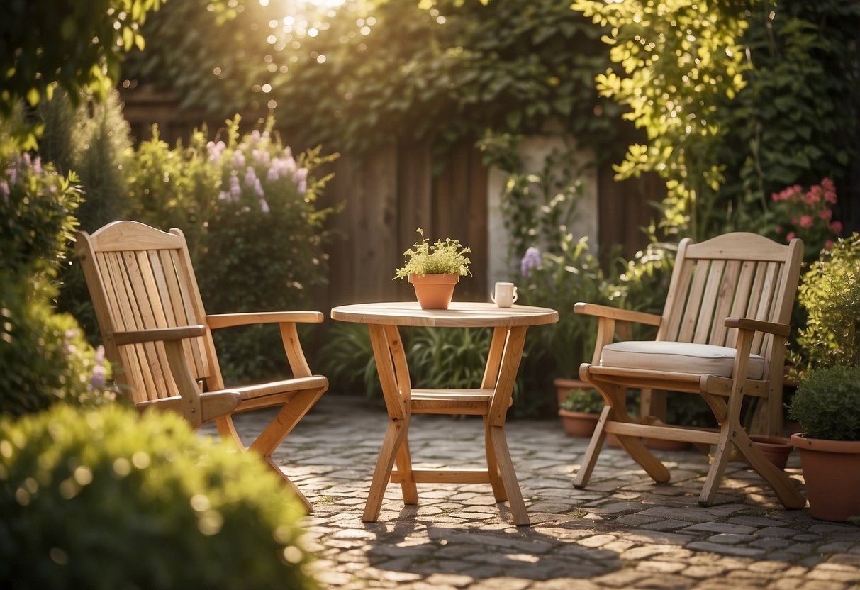 A sunny garden with a table and chairs made of solid wood. A small sign with "Frequently Asked Questions" is displayed near the furniture