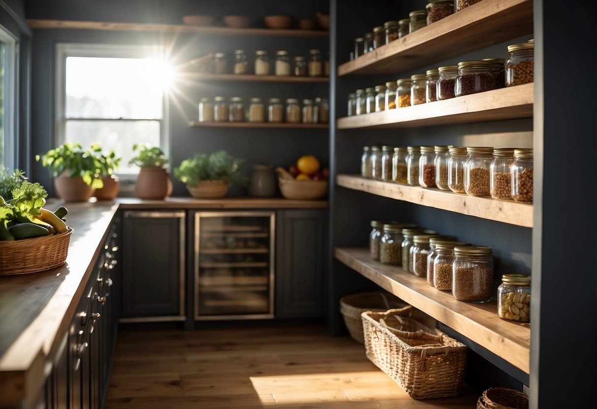 A spacious pantry with wooden shelves, neatly organized jars, and baskets of fresh produce. Light streams in through a window, casting soft shadows on the floor