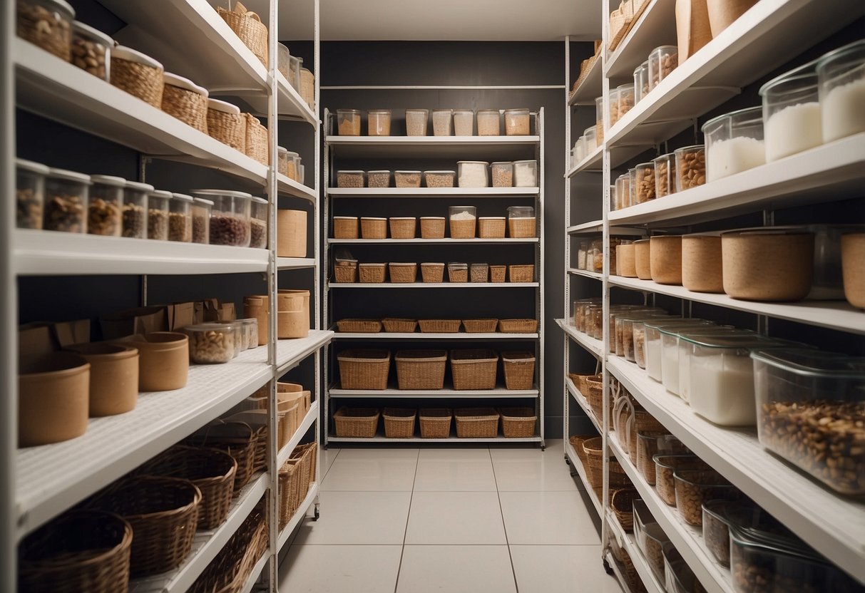 A spacious pantry with shelves and drawers, organized with labeled containers and baskets. A sliding ladder is attached to reach high storage areas