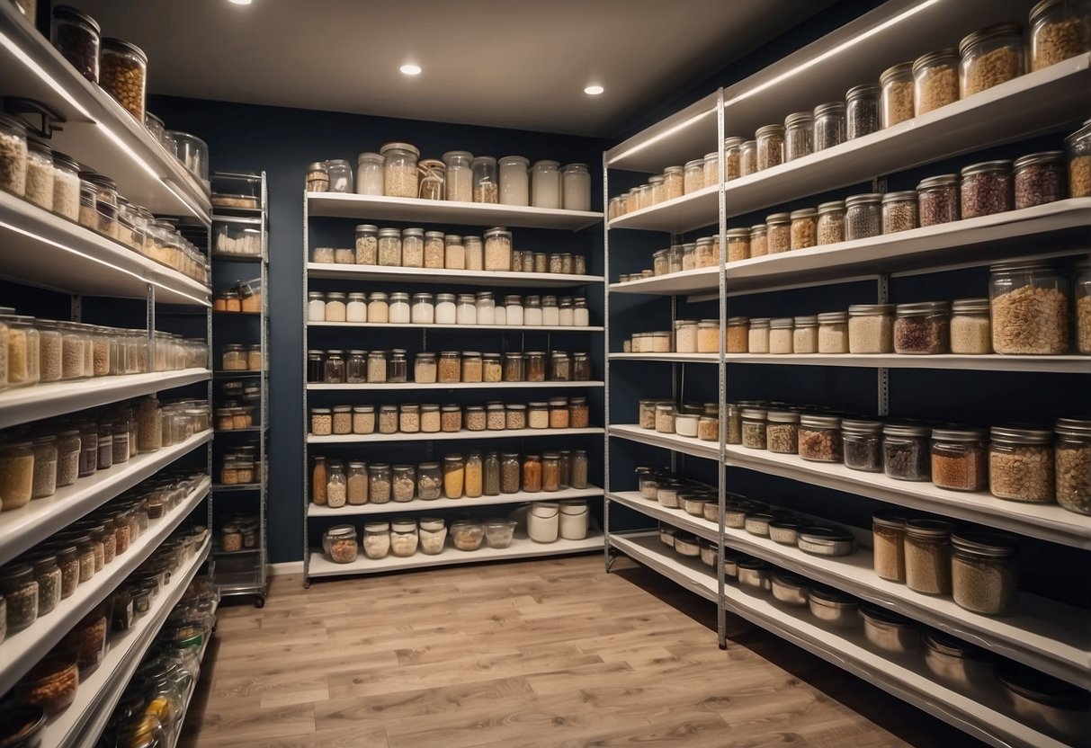 A spacious pantry with adjustable shelves and pull-out drawers, filled with neatly organized cans, jars, and dry goods. A sliding ladder provides easy access to items on high shelves