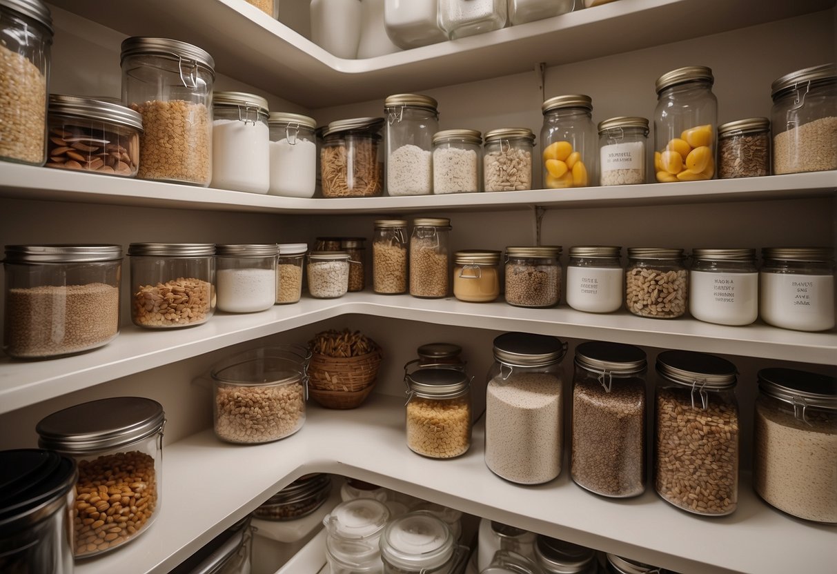 A well-organized pantry with labeled shelves and storage containers, showcasing various pantry furniture pieces such as cabinets, shelves, and drawers