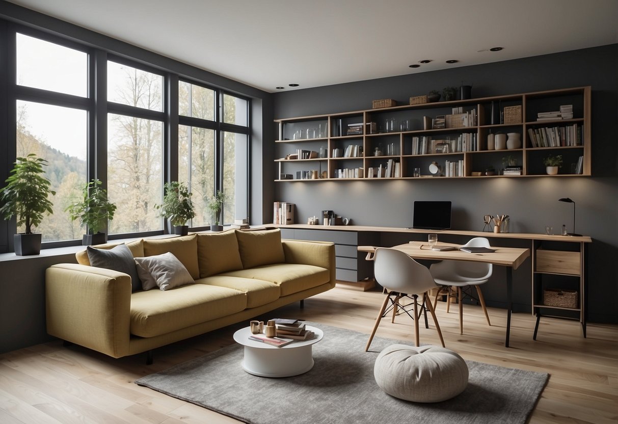 A small room with a convertible sofa bed, folding table, and wall-mounted shelves. Multi-functional furniture maximizes space