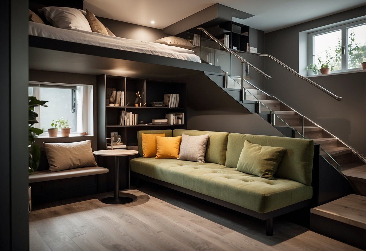 A small room with convertible furniture: a sofa that turns into a bed, a table that folds down from the wall, and storage bins under the stairs