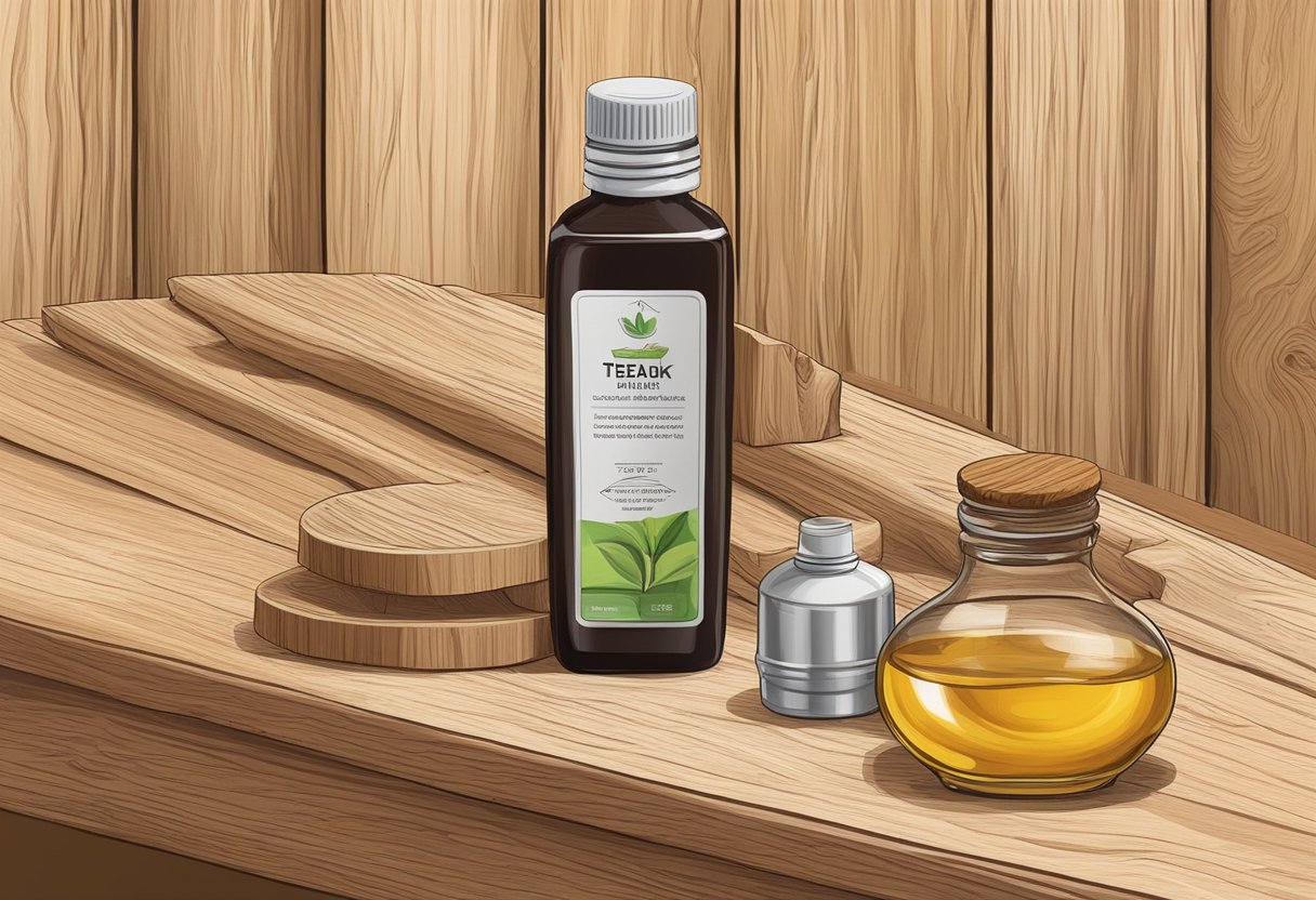 A bottle of teak furniture oil sits on a wooden table, surrounded by a few pieces of unfinished teak furniture
