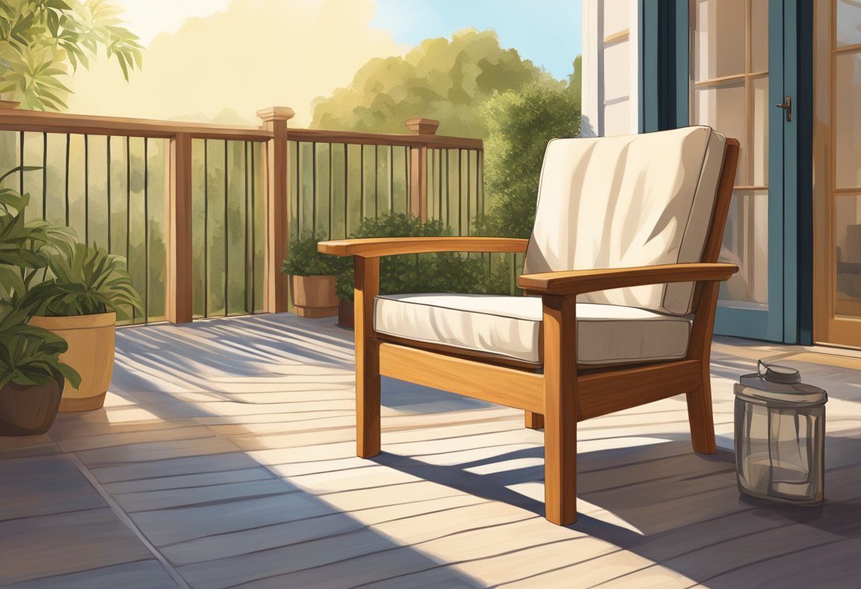A teak chair sits on a patio, bathed in warm sunlight. A bottle of teak furniture oil and a soft cloth are nearby, ready for care