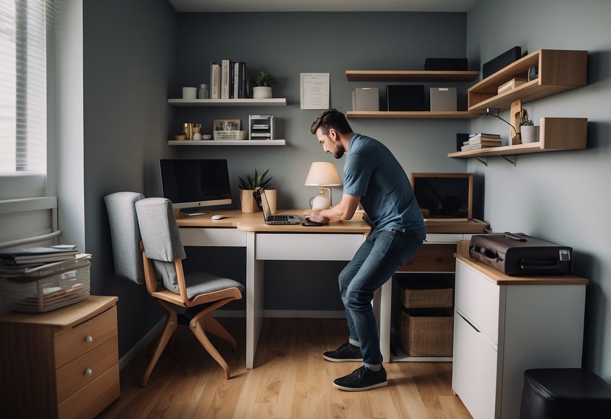 A person arranging compact furniture in a small room, such as a folding table and chairs, a wall-mounted desk, and a sofa bed. The room is well-organized and clutter-free, maximizing the use of space