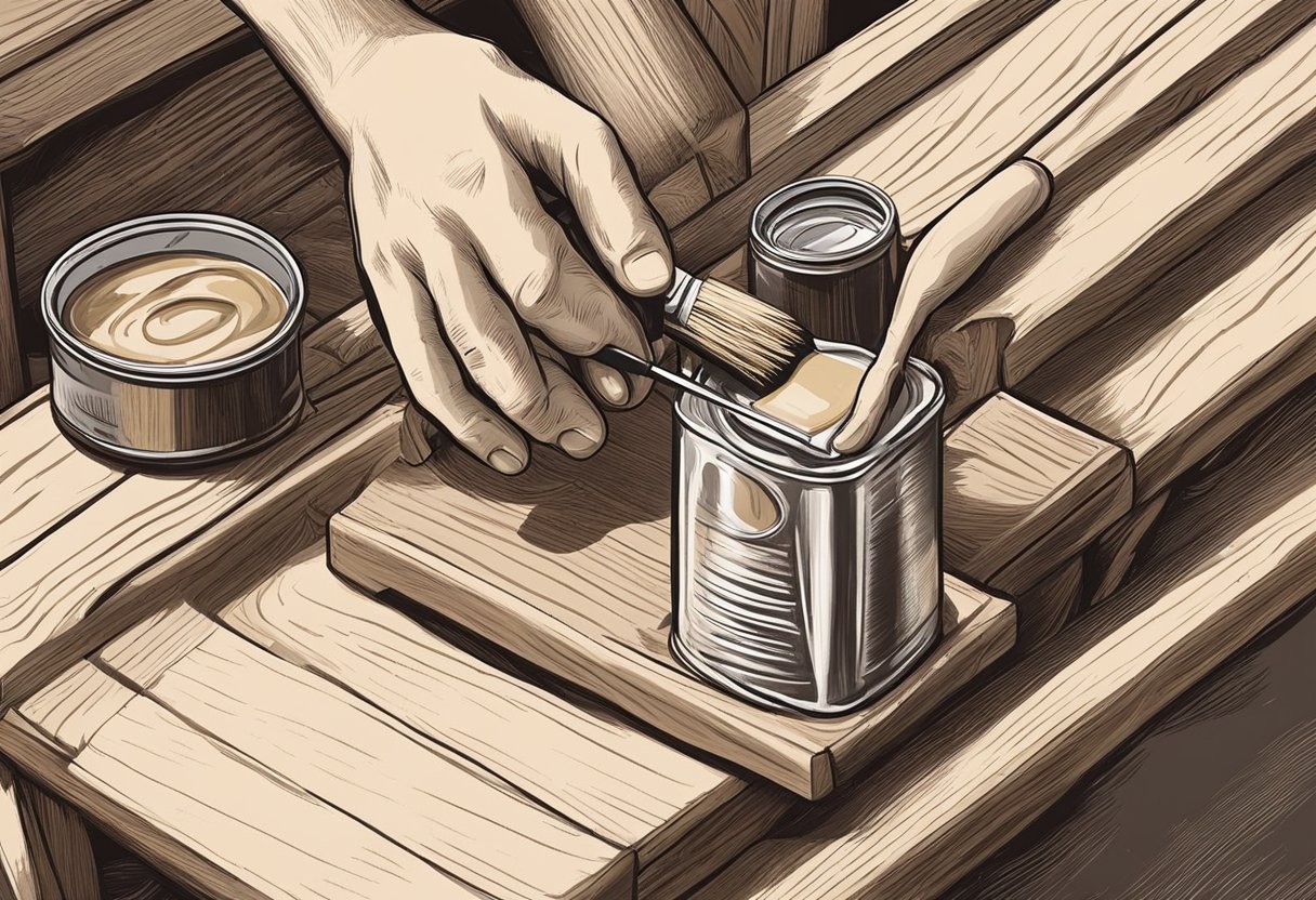 A hand holding a brush applies teak furniture oil to a wooden chair, with a can of oil nearby