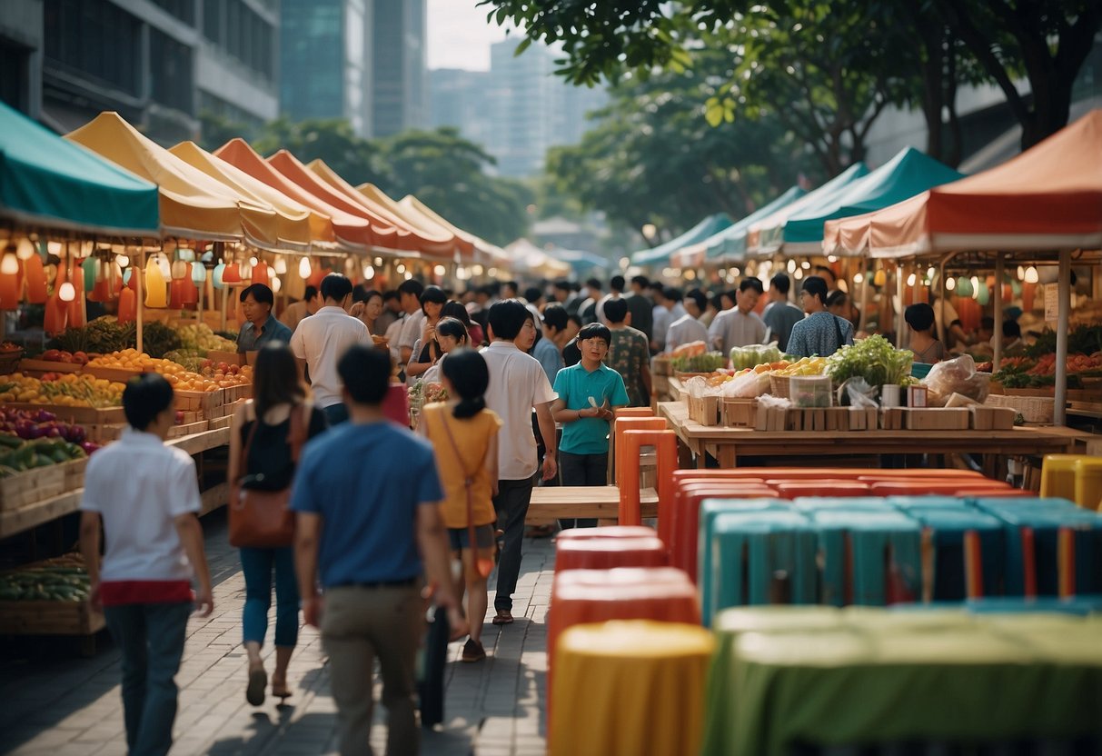 A bustling outdoor market with rows of colorful furniture displayed in Novena Square